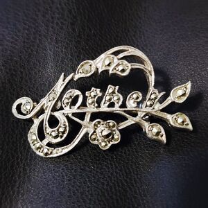 Vintage Rhodium Plated "Mother" Brooch Pin With Marcasite Rhinestones  .6 Inches